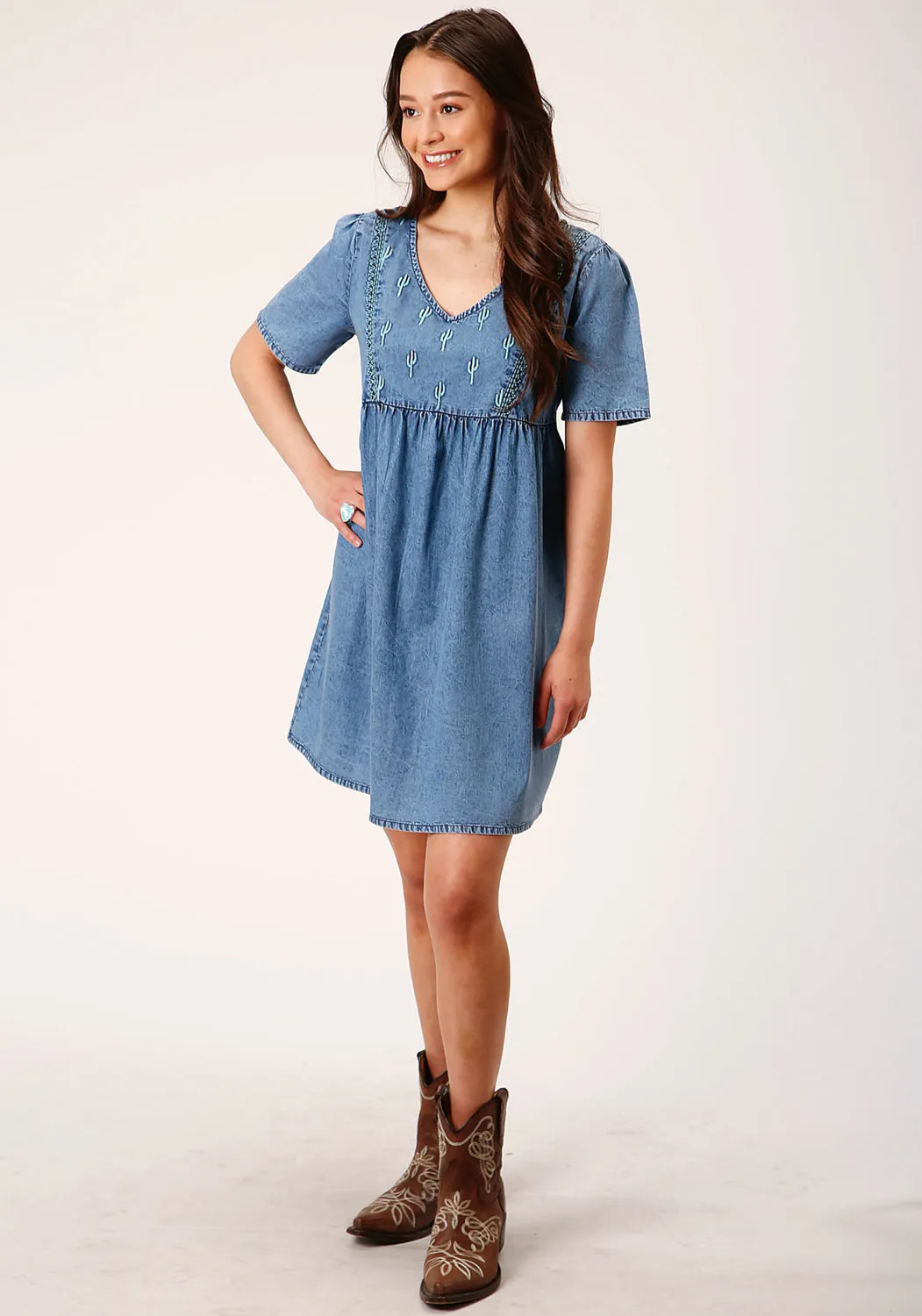 Roper Womens Empire Peasant Blue 100% Cotton S/S Dress