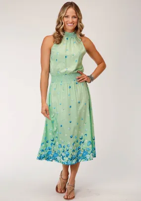 Roper Womens Floral Border Print Green Polyester S/L Dress