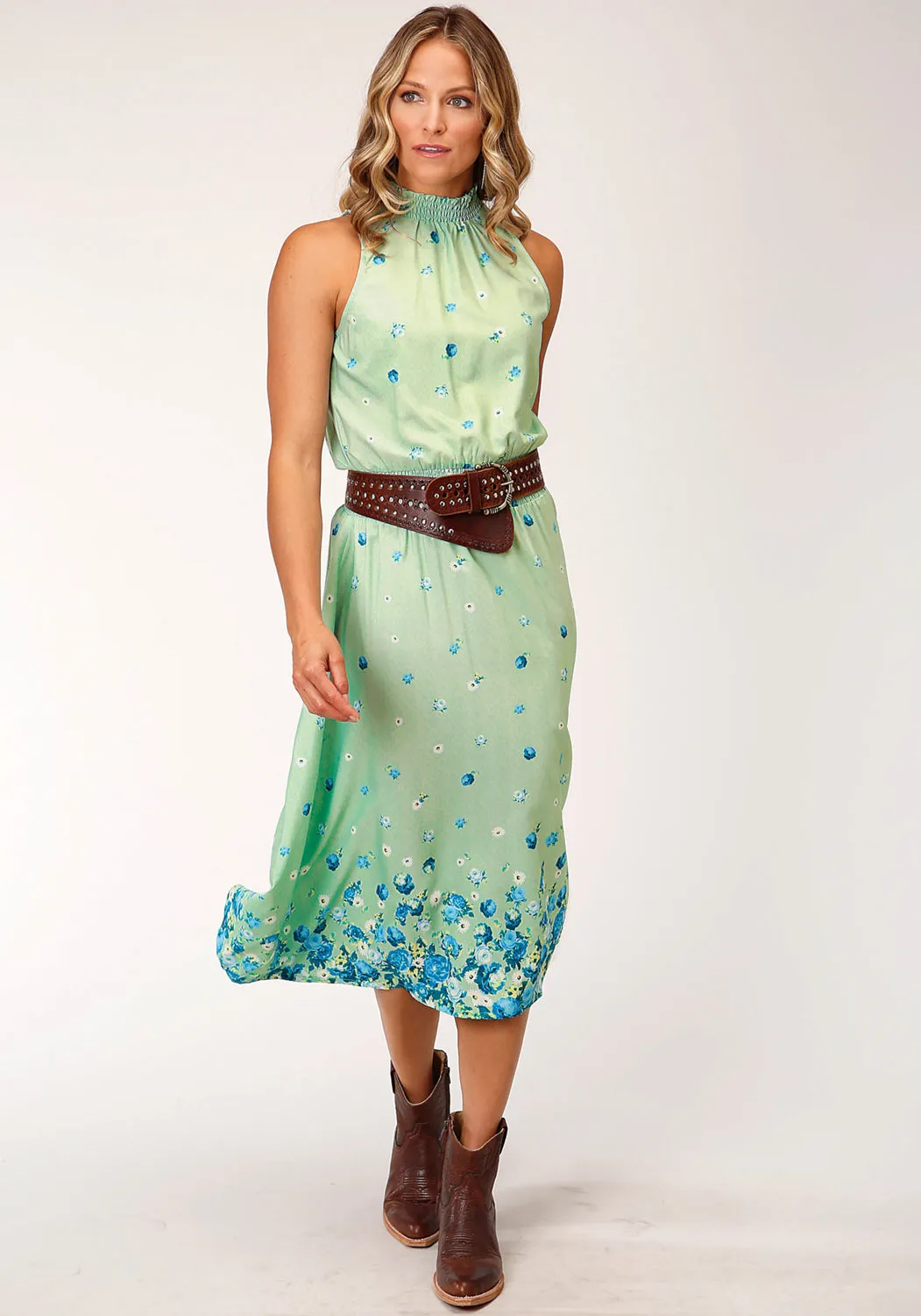 Roper Womens Floral Border Print Green Polyester S/L Dress