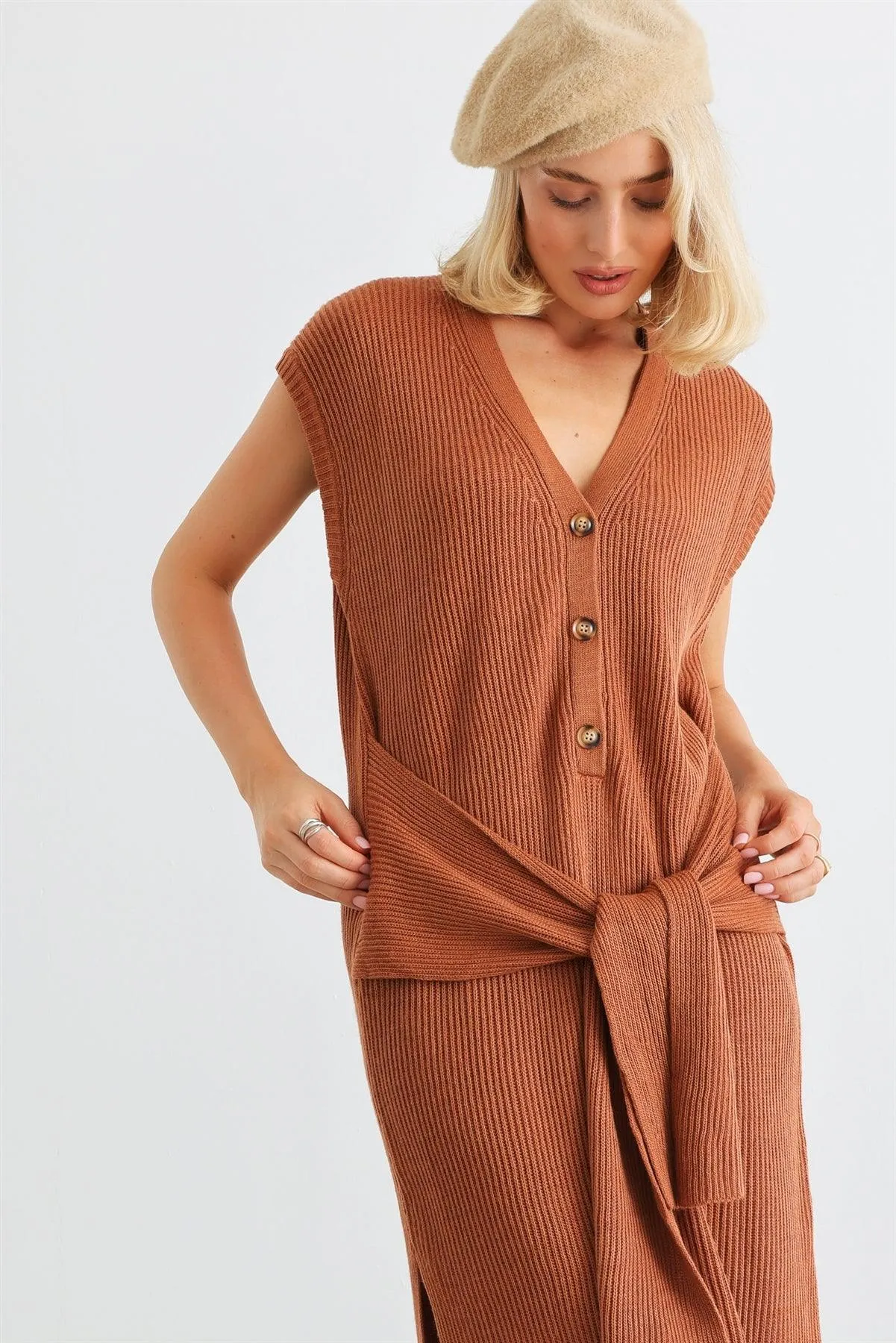 Rust Knit Button-Up Sleeveless Belted Midi Sweater Dress /2-2-1