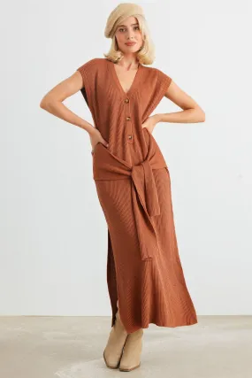 Rust Knit Button-Up Sleeveless Belted Midi Sweater Dress /2-2-1