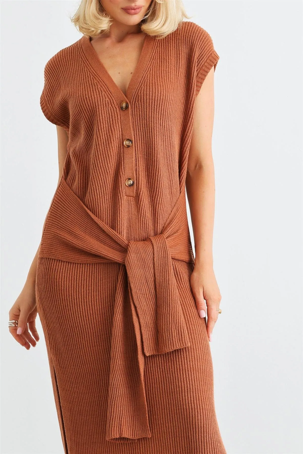 Rust Knit Button-Up Sleeveless Belted Midi Sweater Dress /2-2-1