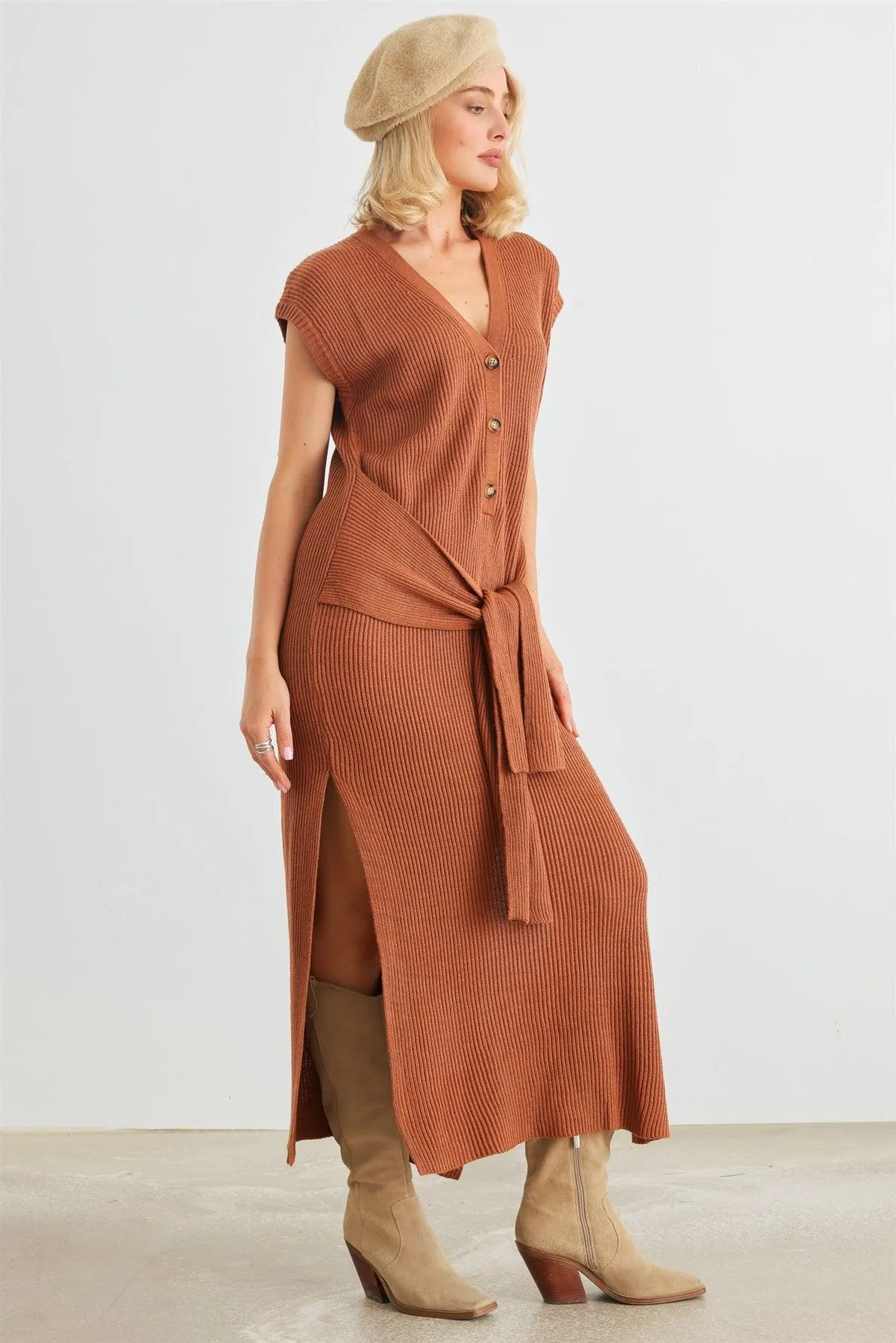 Rust Knit Button-Up Sleeveless Belted Midi Sweater Dress /2-2-1