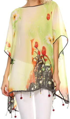 Sakkas Fediliah Sheer Long Wide Fringe Bead Floral Printed Poncho Blouse Top