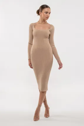 SCALLOP HEM RIB KNIT BODYCON DRESS