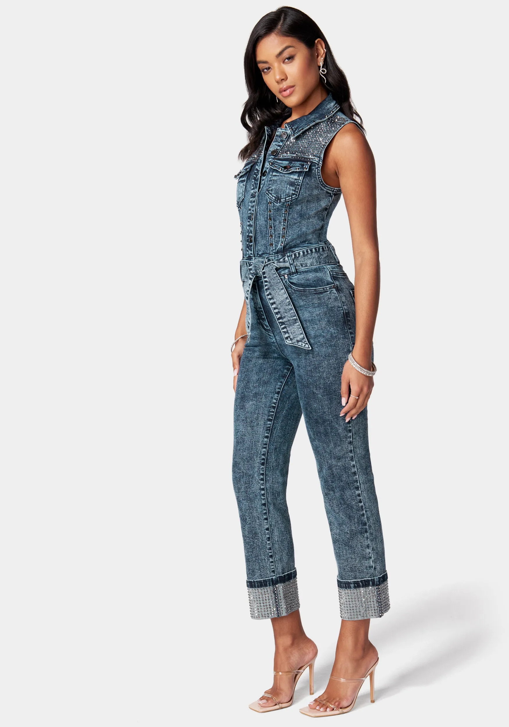 Sequin Sleeveless Cuffed Slim Leg Denim Jumpsuit