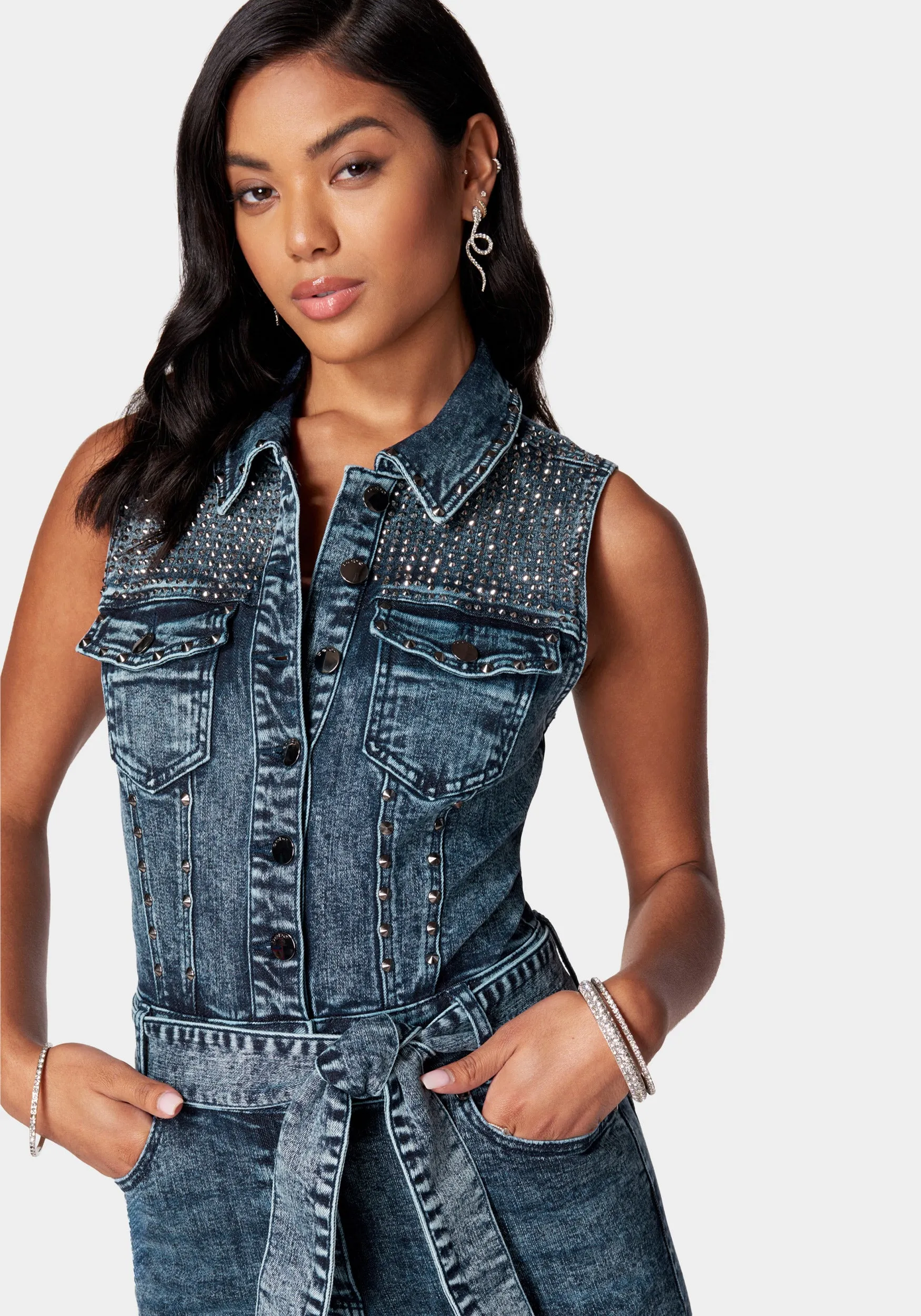 Sequin Sleeveless Cuffed Slim Leg Denim Jumpsuit