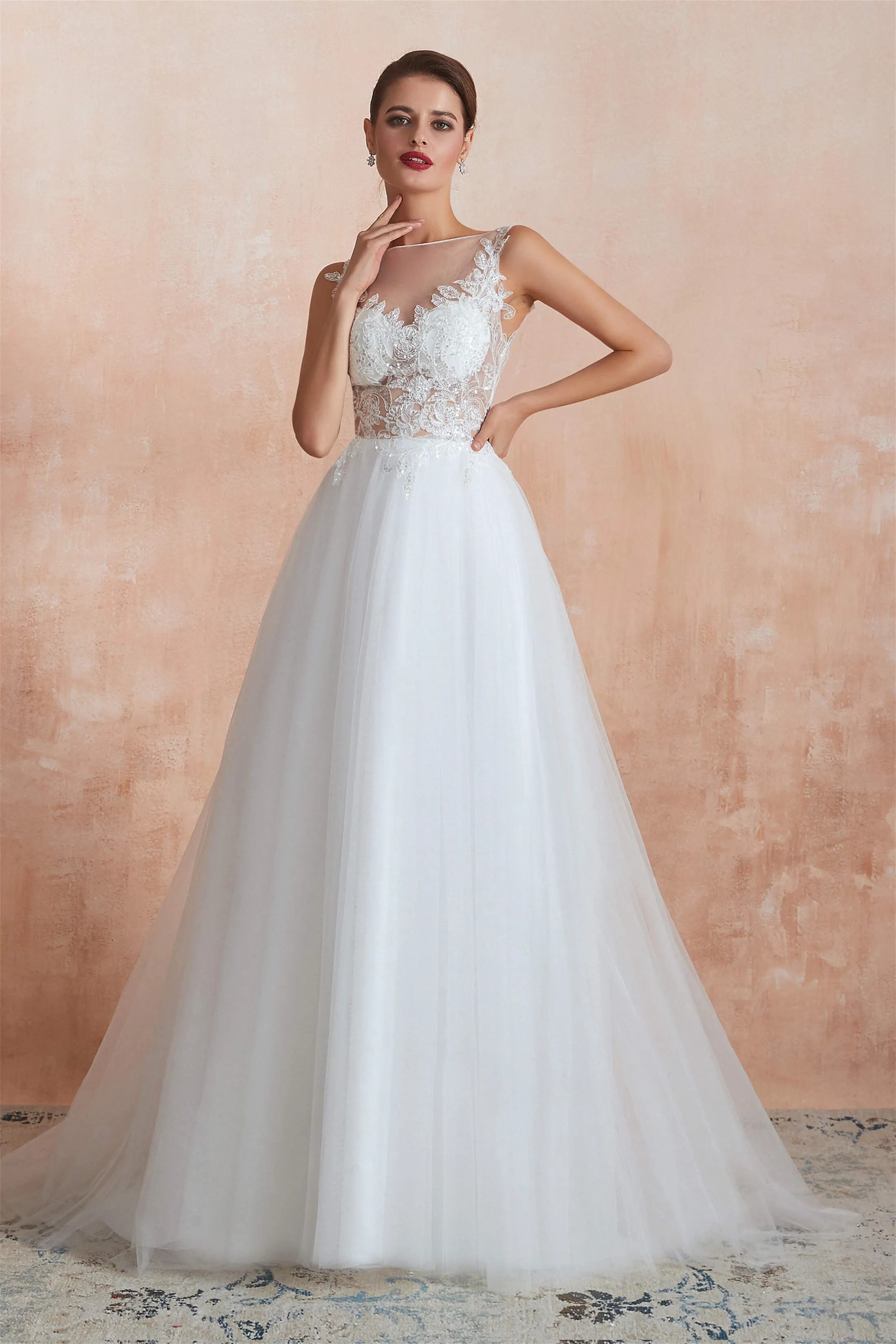 Sequins White Tulle Affordable Wedding Dresses with Appliques