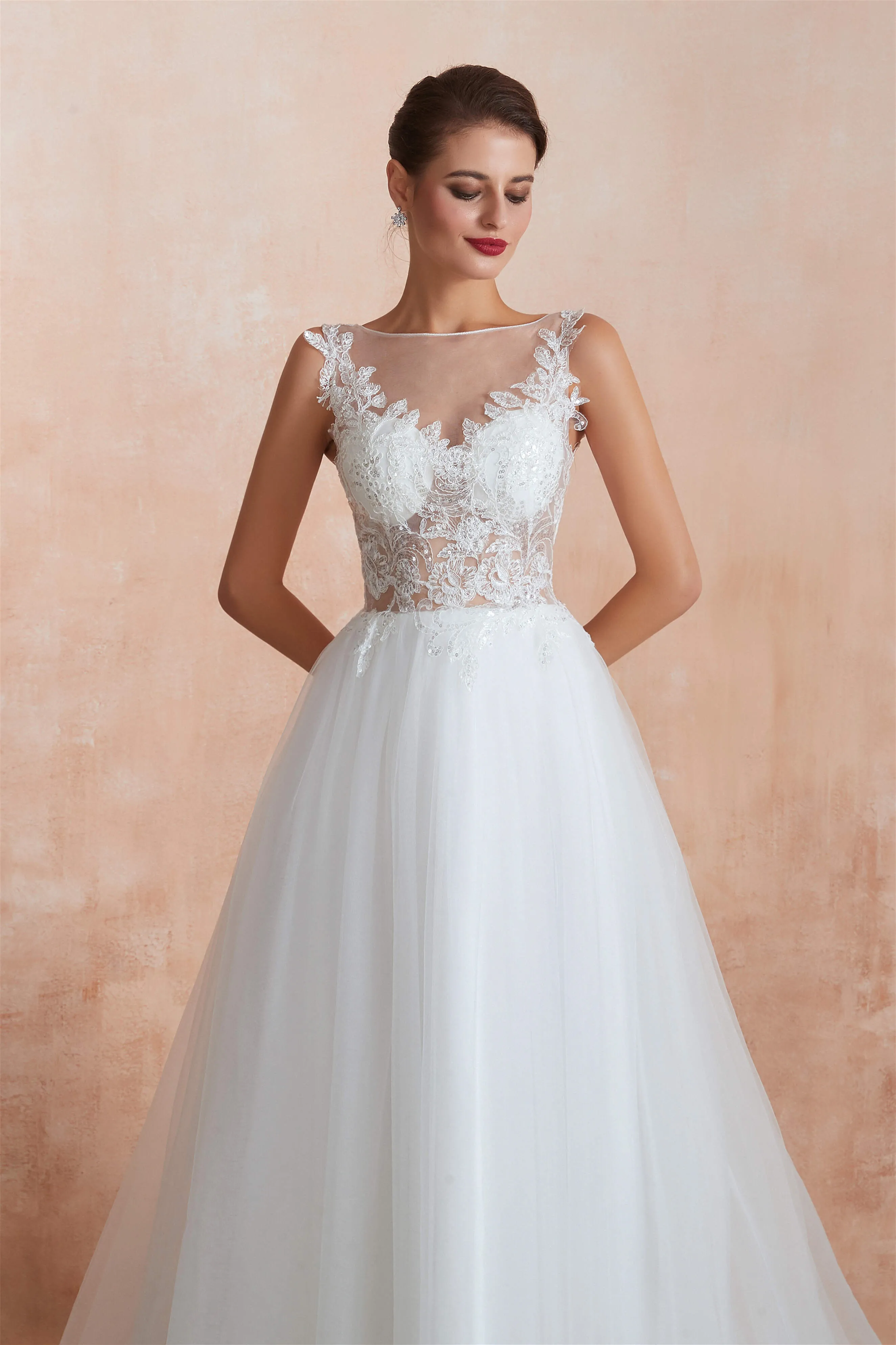 Sequins White Tulle Affordable Wedding Dresses with Appliques