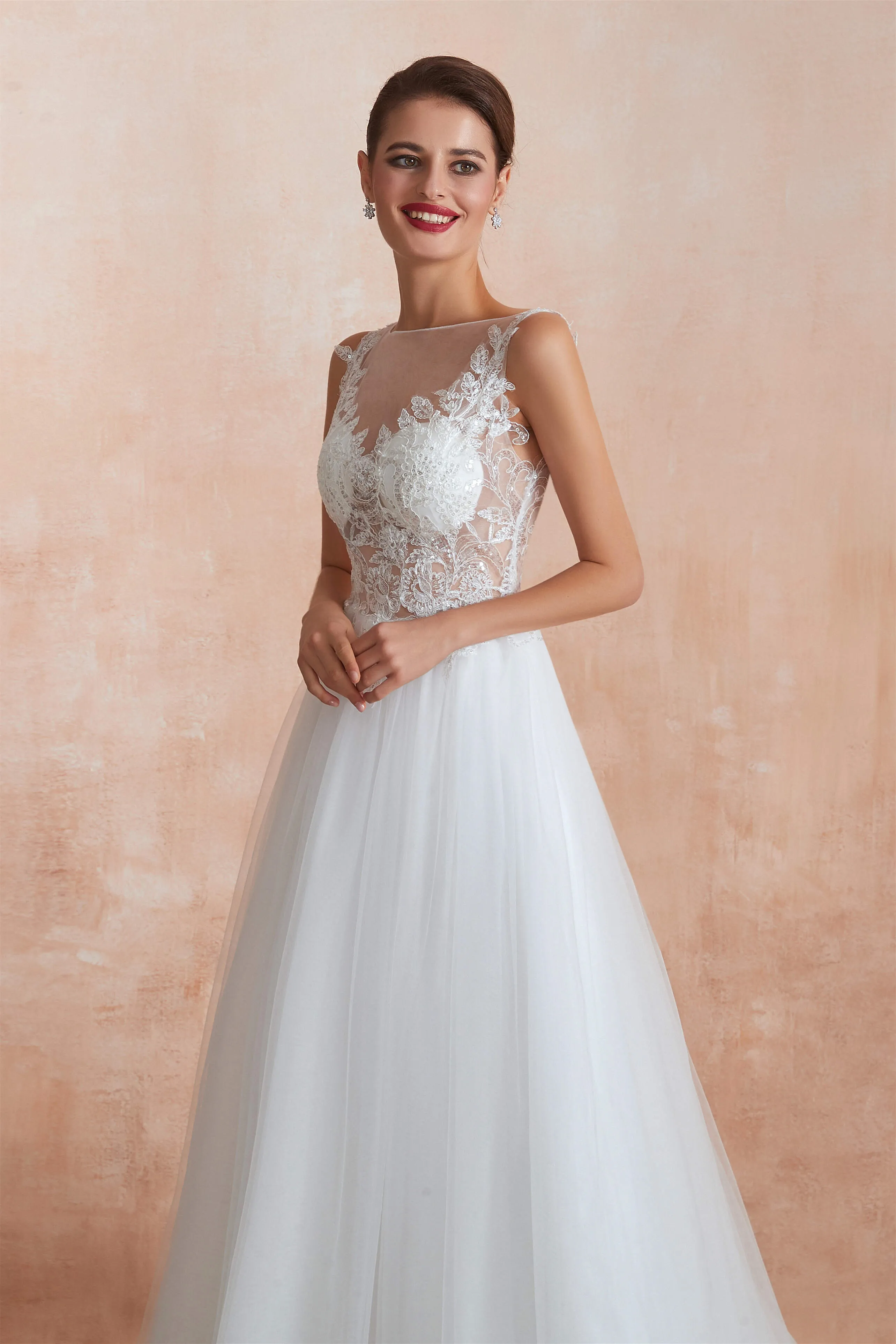 Sequins White Tulle Affordable Wedding Dresses with Appliques