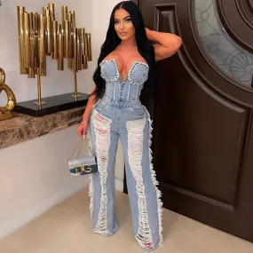 Sexy Destroyed Denim Strapless Jumpsuit