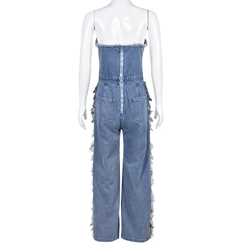 Sexy Destroyed Denim Strapless Jumpsuit