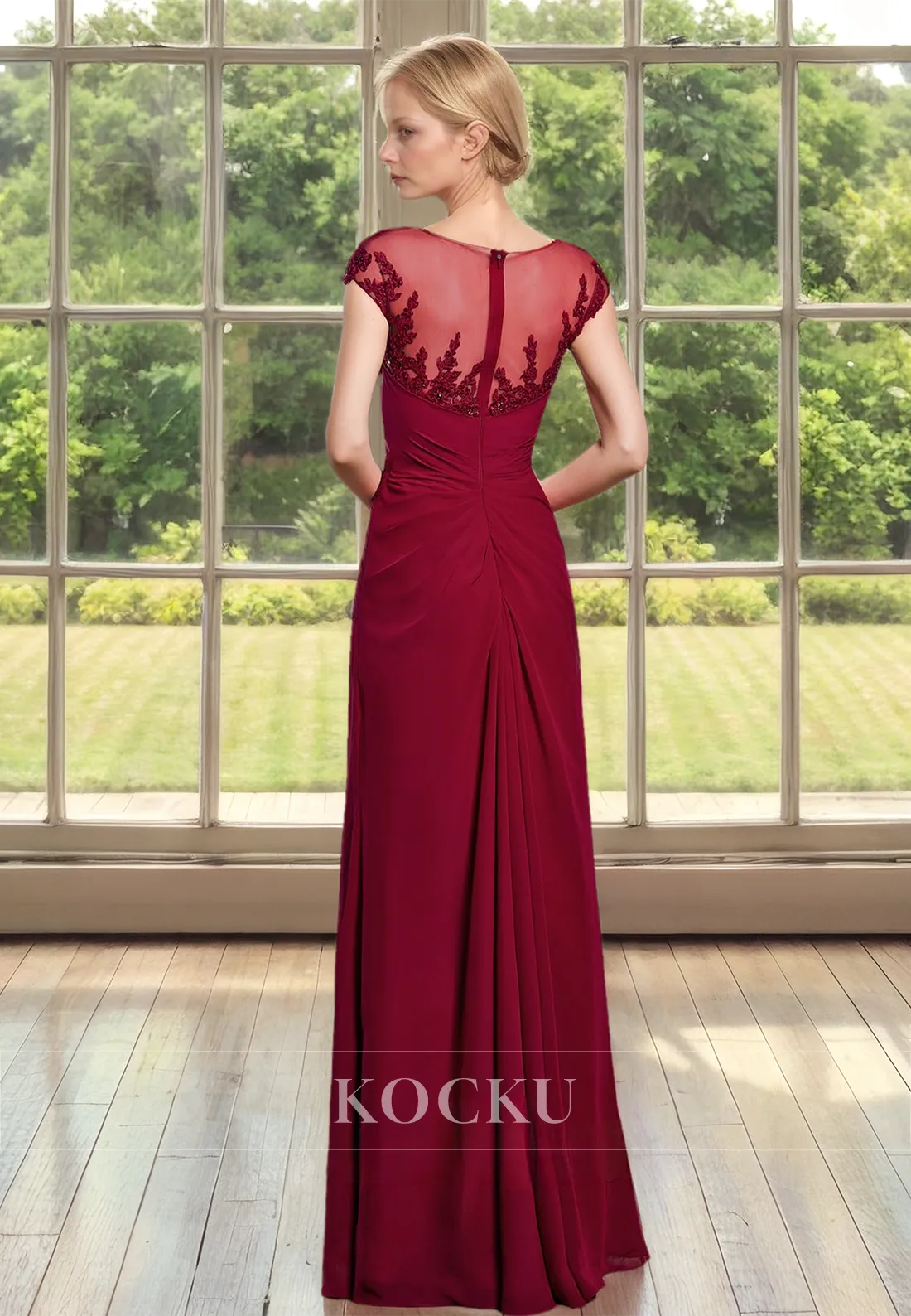 Sexy&Hot Cap Sleeves Scoop Neck Sheath Pleats Satin Cocktail Dress Mother of the Bride with Appliques