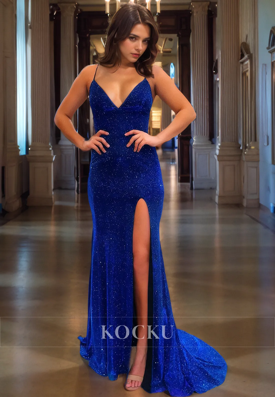 Sheath V Neck Rhinestone Satin Criss-Cross Lace-up Prom Dress with Slit