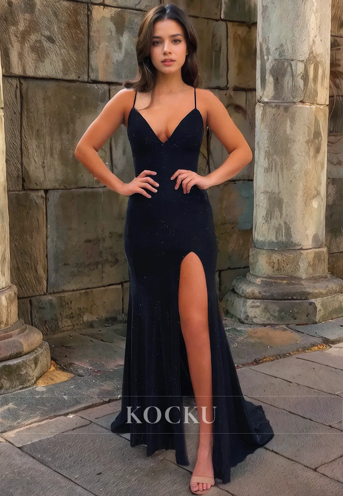 Sheath V Neck Rhinestone Satin Criss-Cross Lace-up Prom Dress with Slit