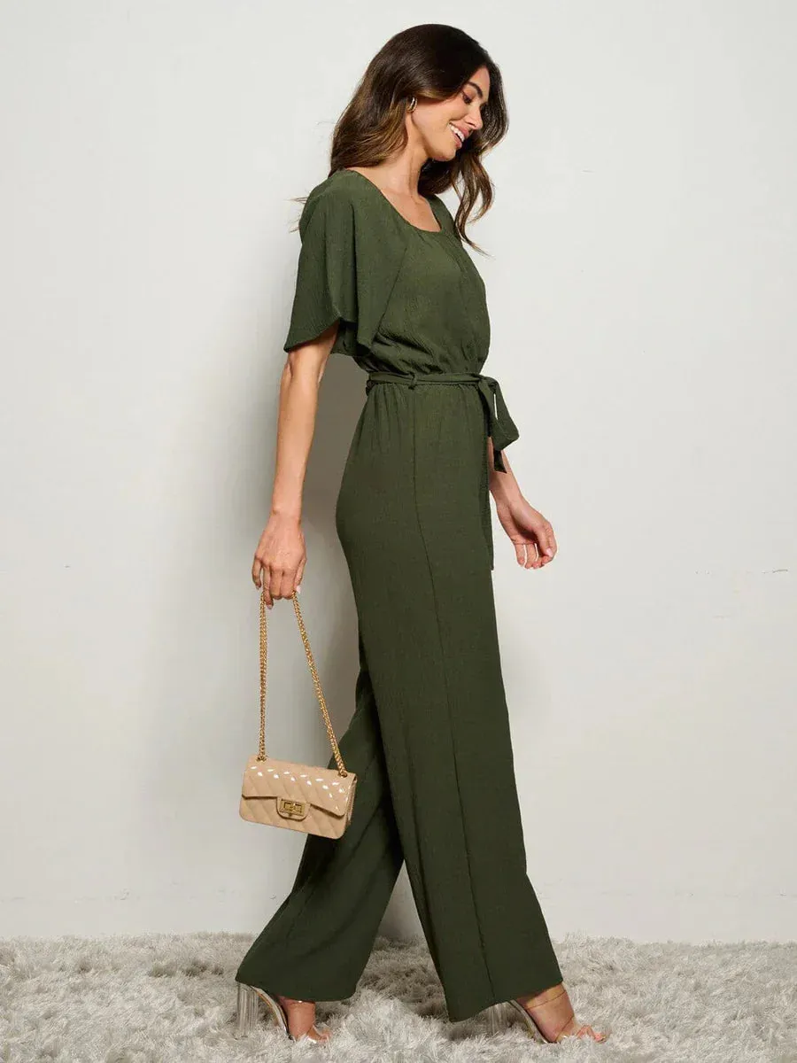 SHORT SLEEVE SELF TIE WIDE LEG JUMPSUIT