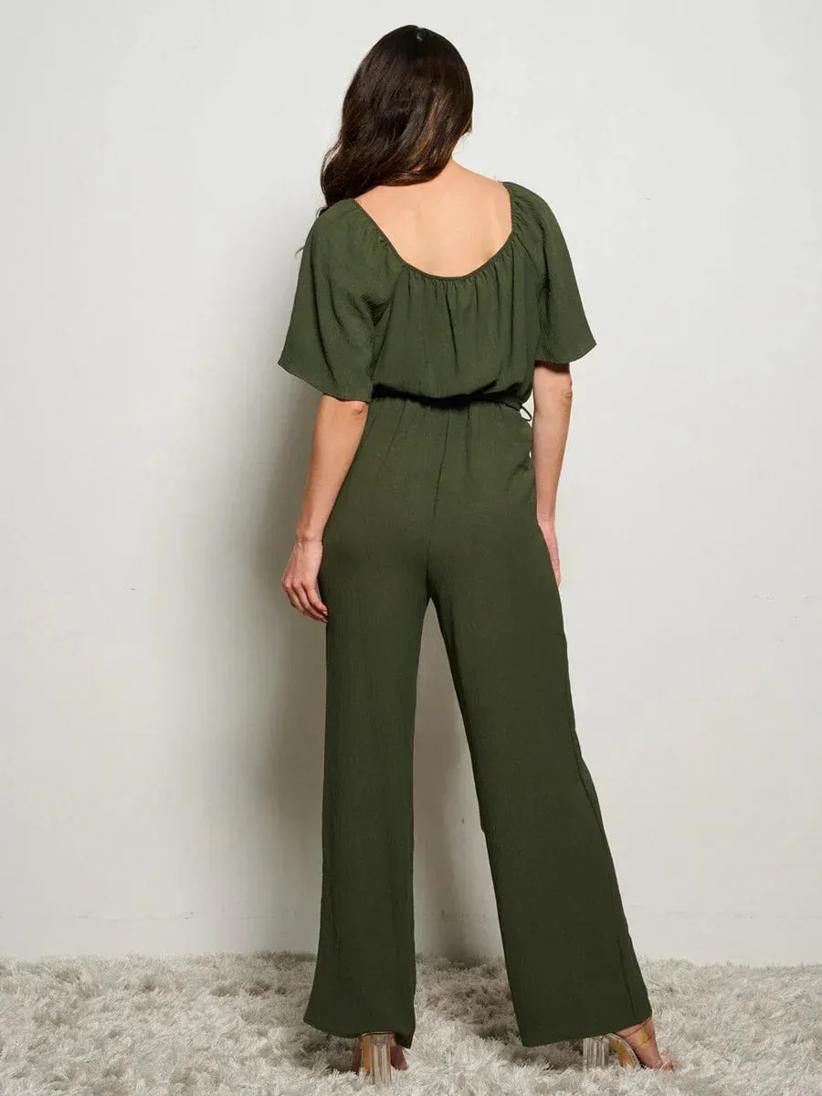 SHORT SLEEVE SELF TIE WIDE LEG JUMPSUIT