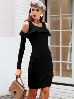 Simplee Cold Shoulder Ruffle Trim Bodycon Jumper Dress