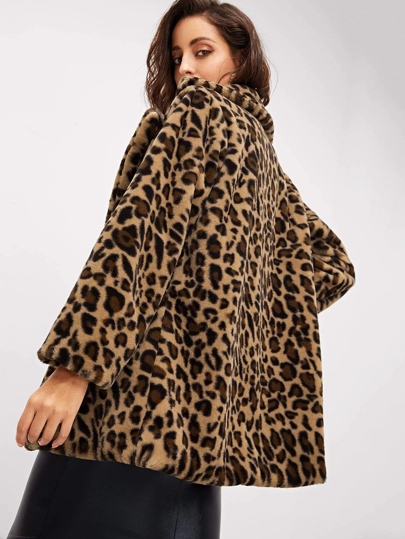 Single Breasted Notch Collar Leopard Print Teddy Coat