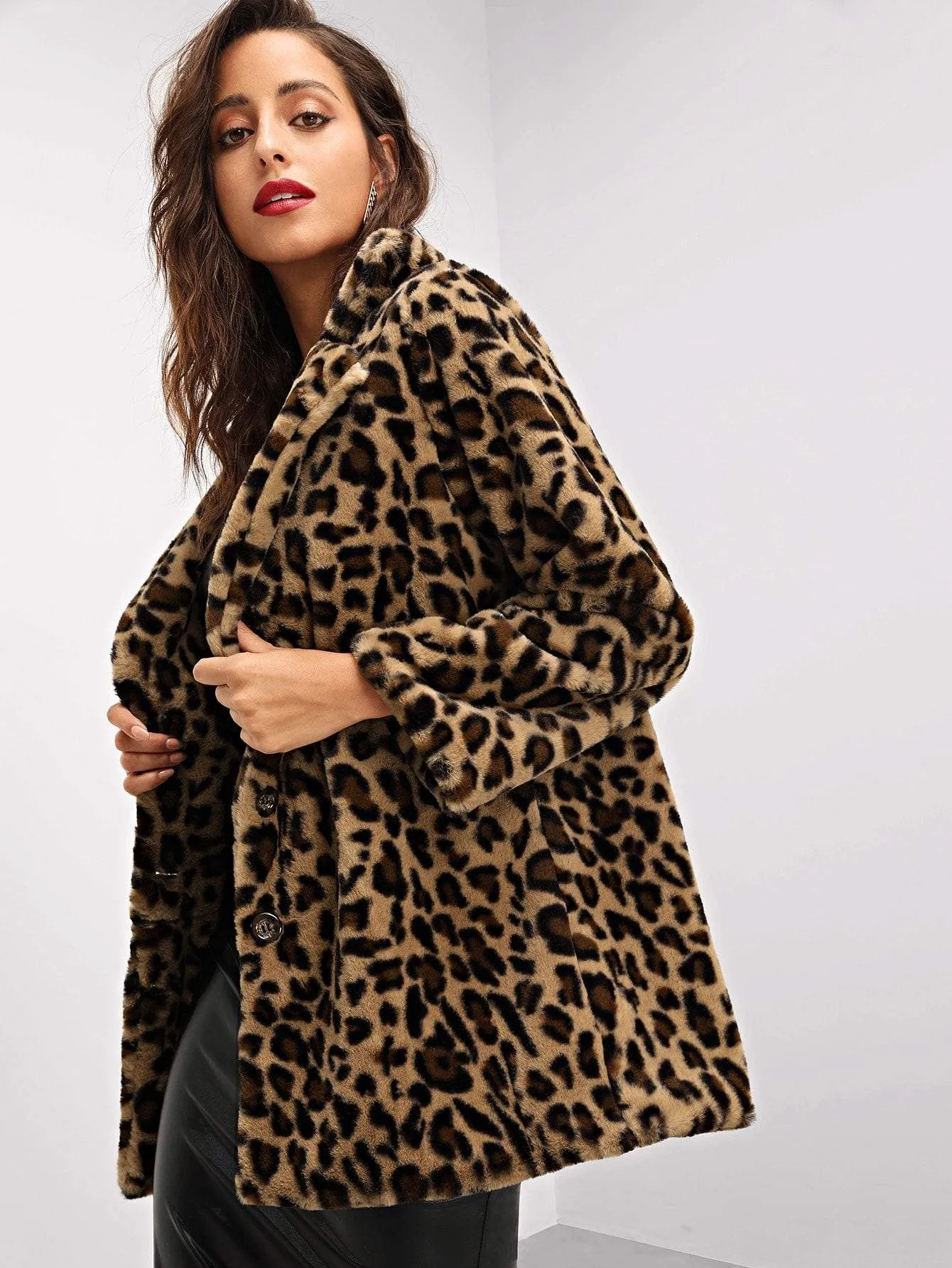 Single Breasted Notch Collar Leopard Print Teddy Coat