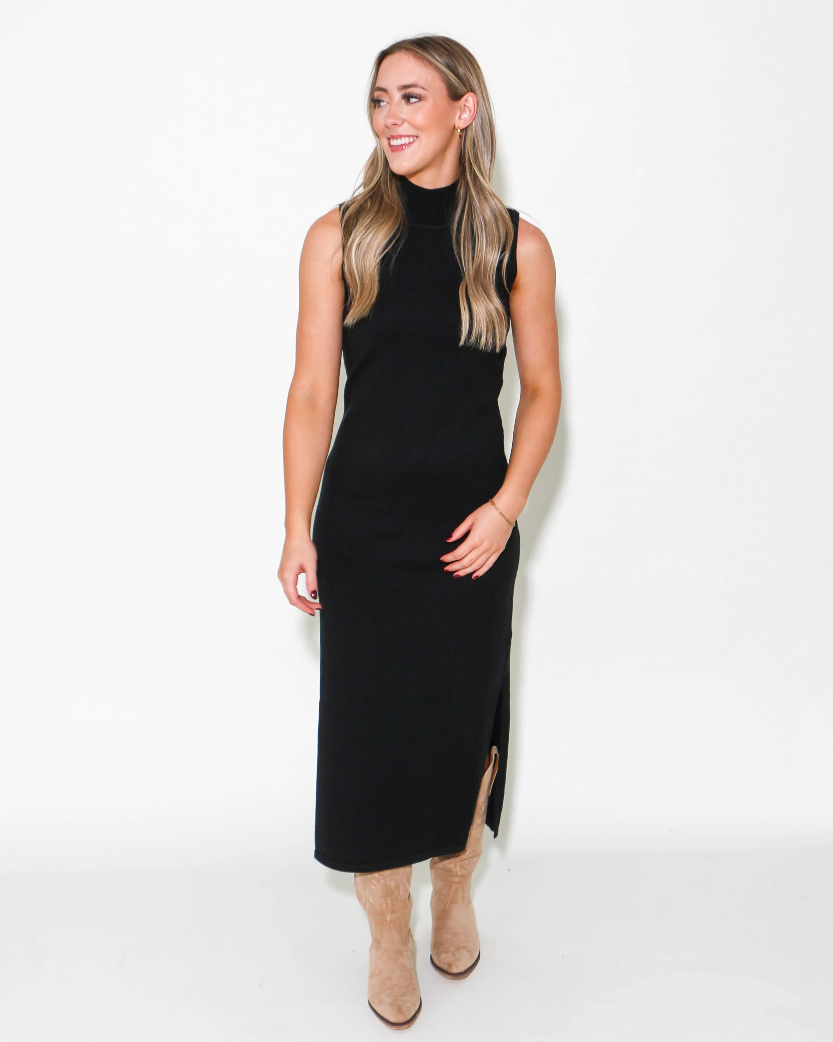 Sleeveless Mock Neck Knit Slit Midi Dress