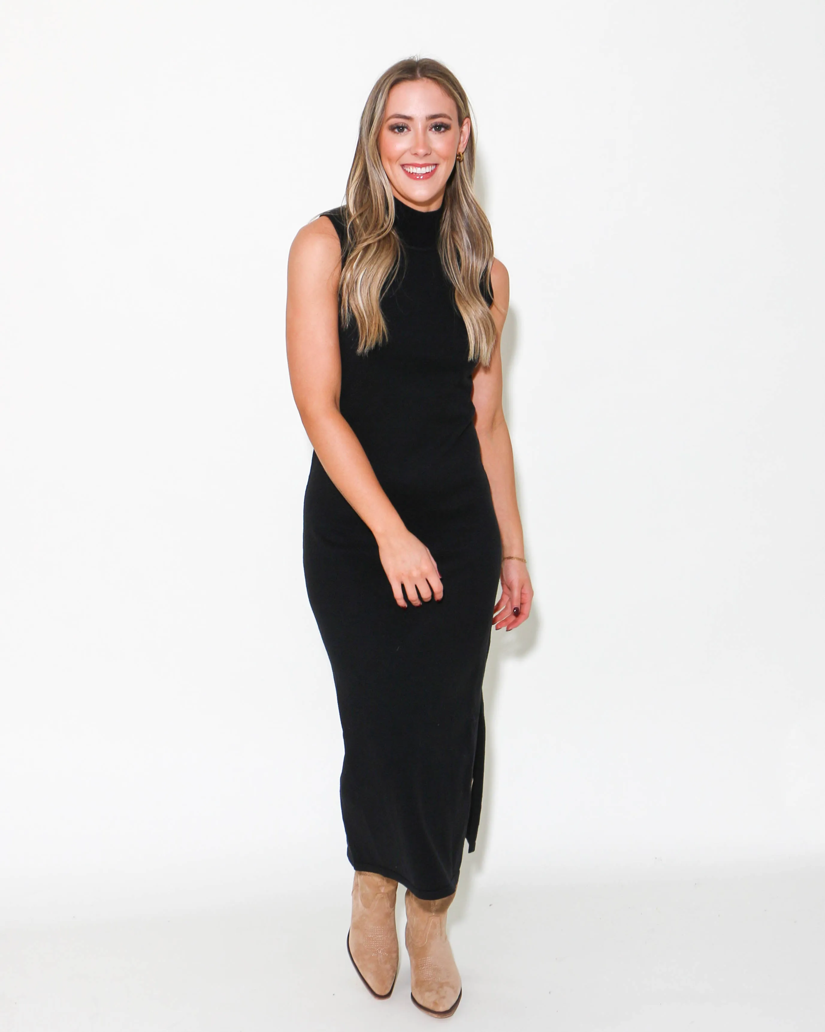 Sleeveless Mock Neck Knit Slit Midi Dress