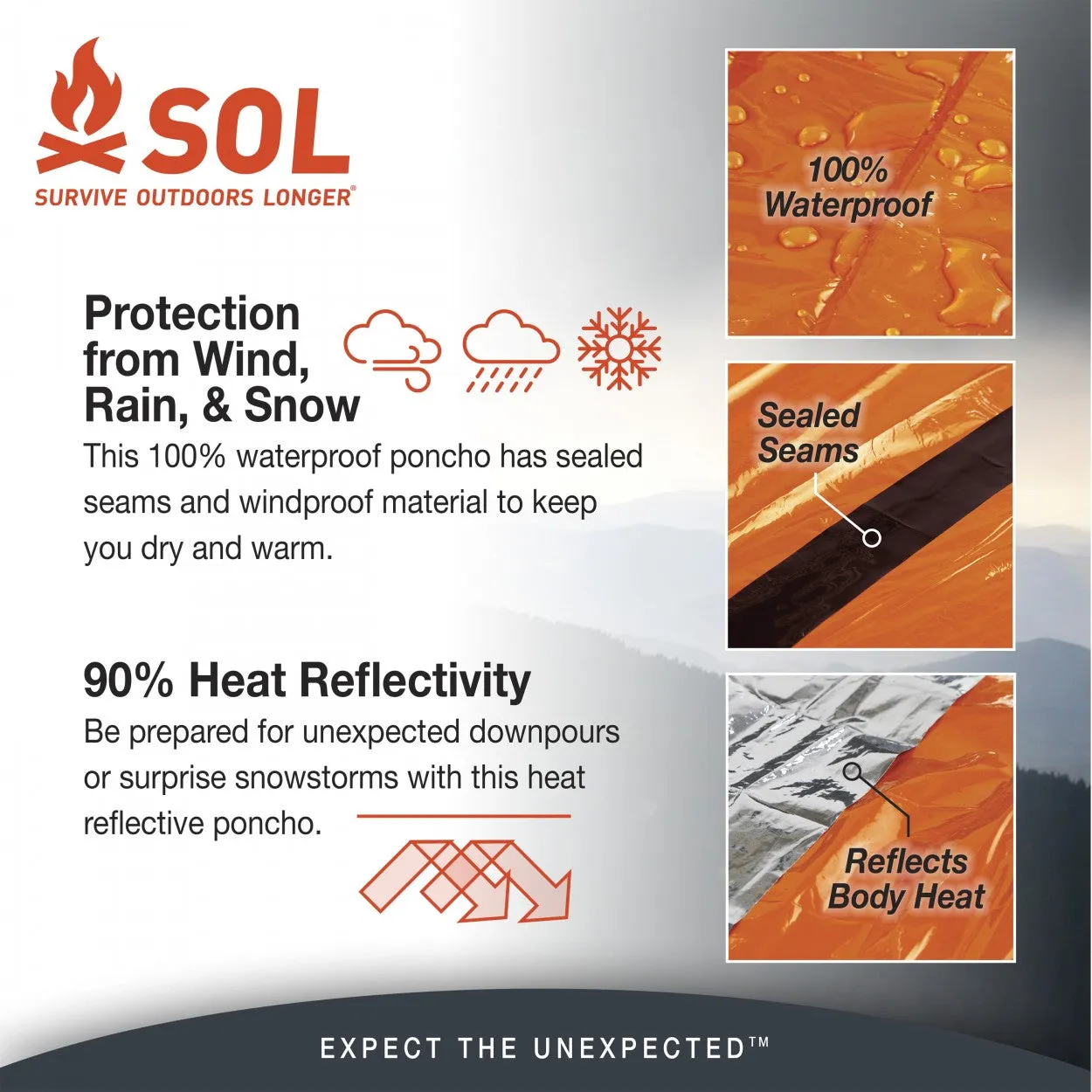 SOL - Heat Reflective Poncho for protection from Wind, Rain, & Snow.