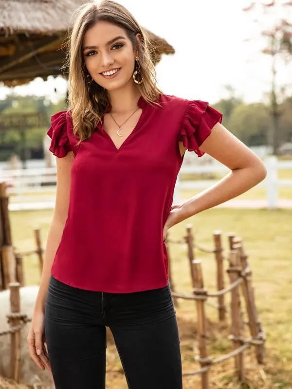 Solid Notched Butterfly Sleeve Blouse