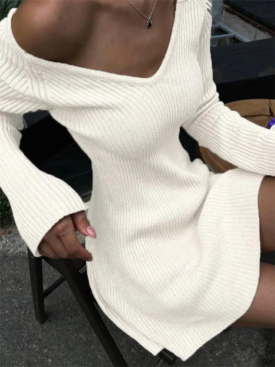 Solid V Neck Ribbed A-line Knit Mini Dress