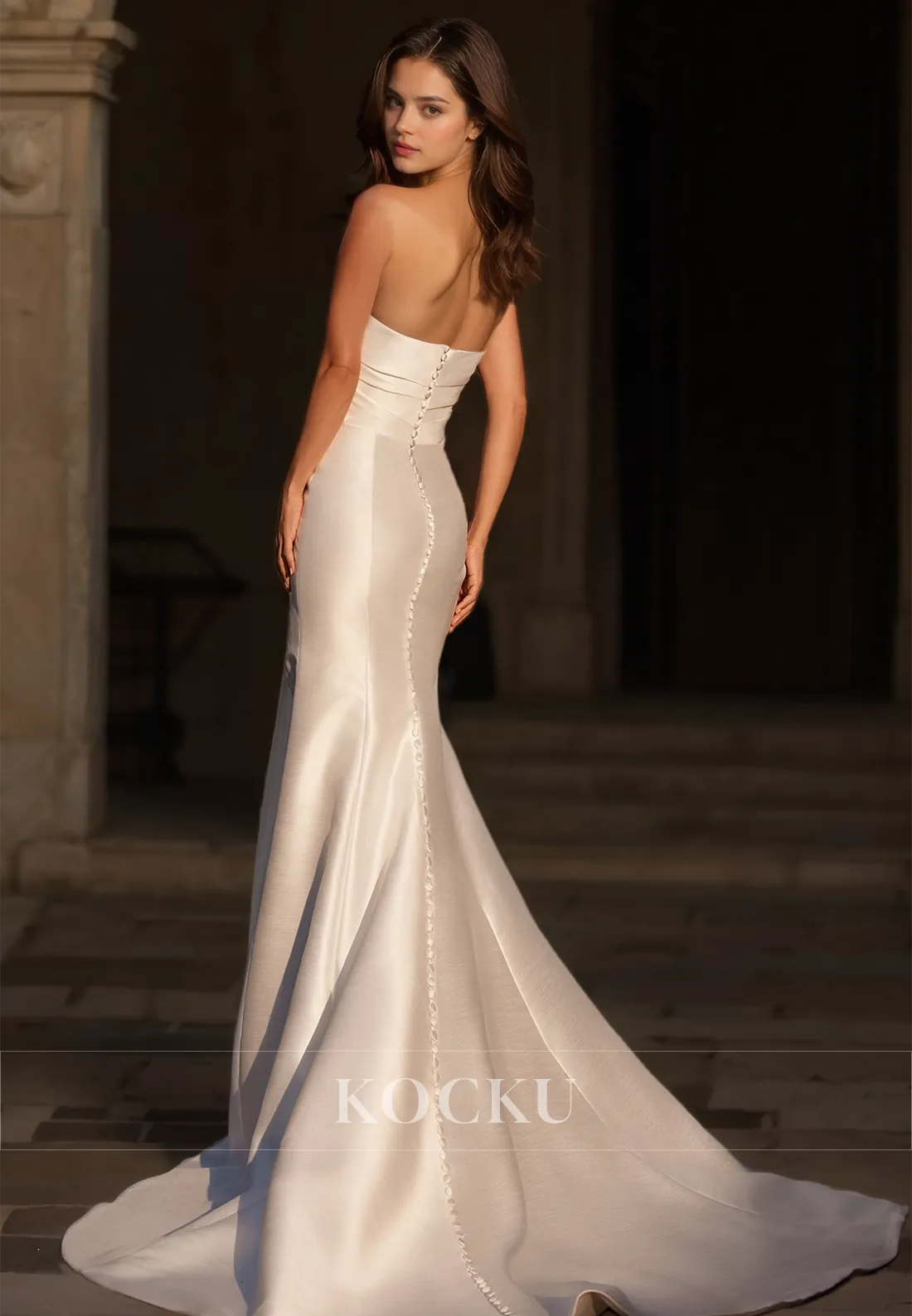 Sweetheart Sheath Sleeveless High Split Pleated Satin Bridal Dress Wedding Dress with Train