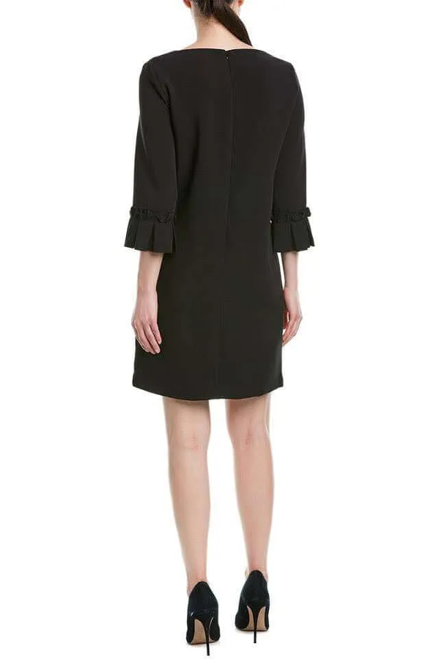 Tahari ASL Boat Neck Long Sleeve Pleated Solid Zipper Back Crepe Dress