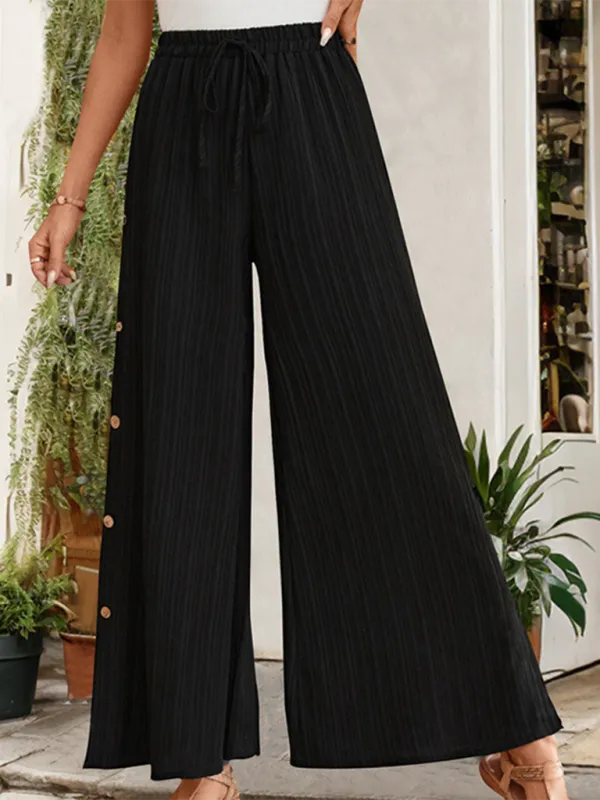 Textured Wide-Leg Pants for Women with Fancy Side Buttons