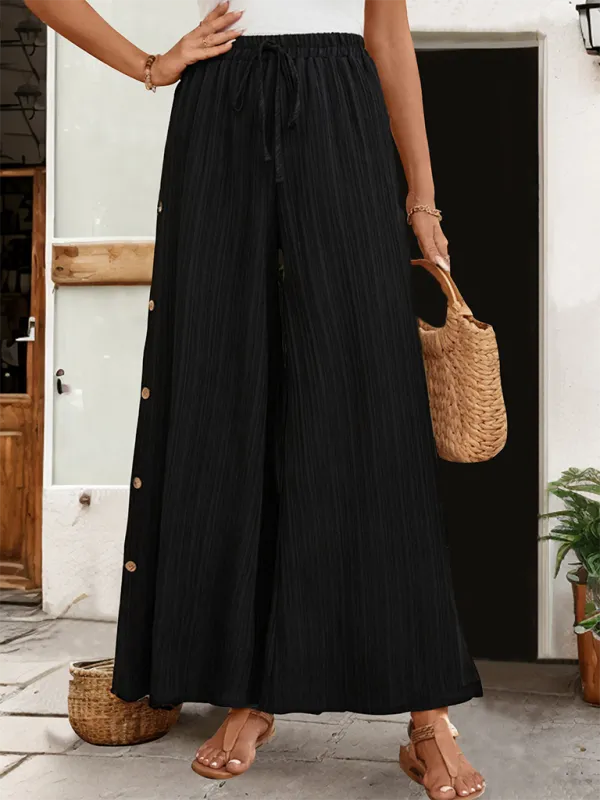 Textured Wide-Leg Pants for Women with Fancy Side Buttons