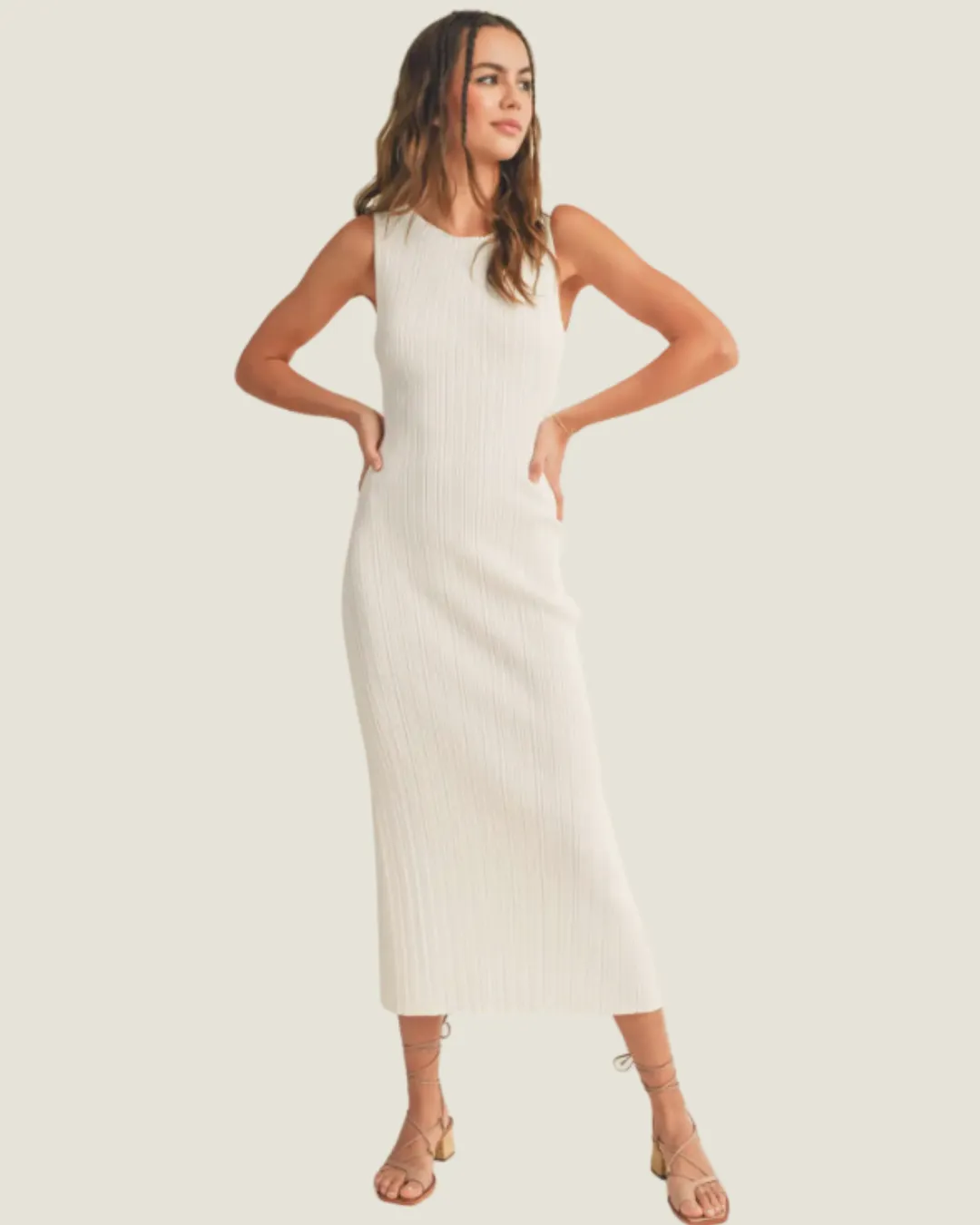 The Brooke: White Ribbed Knit Midi Dress