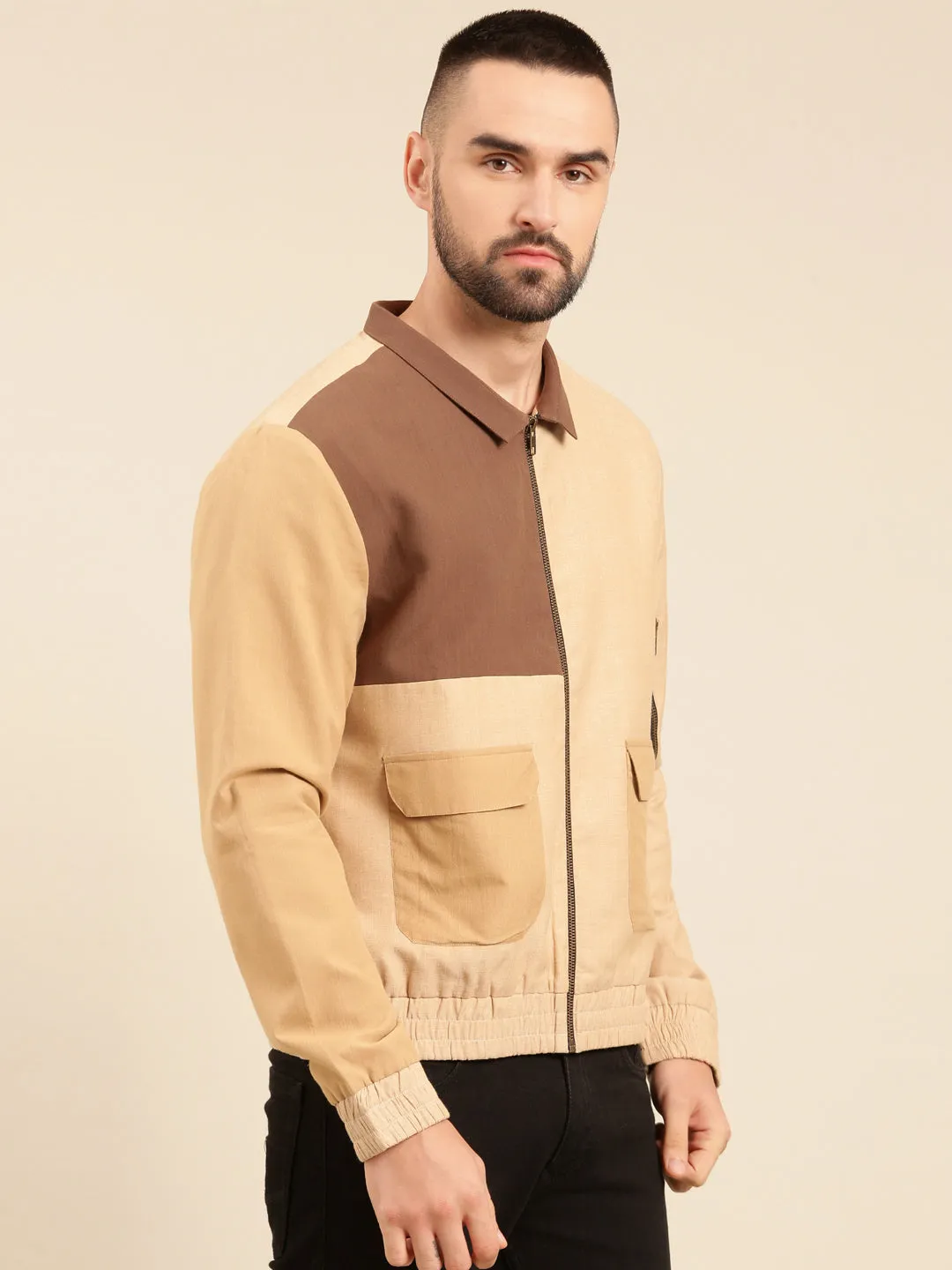 Tri Color Beige Khaki Cotton Bomber Jacket - MMBJ023