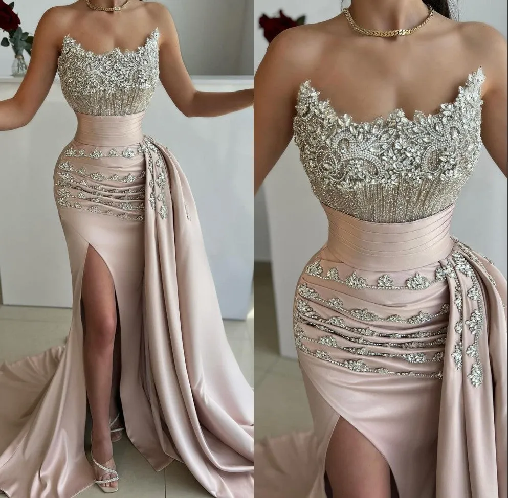 Tube Top Sheath Prom Dress Sleeveless High Split Train Pleated Satin Evening Dress with Beads