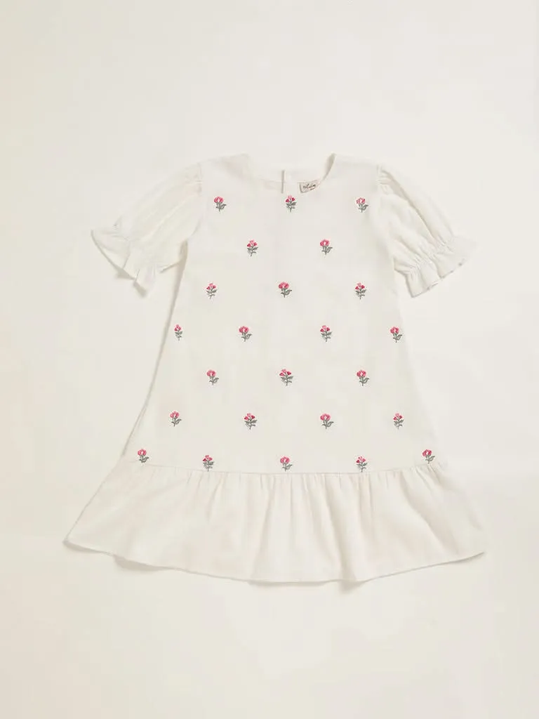 Utsa Kids White Floral Embroidered Dress (8 -14yrs)