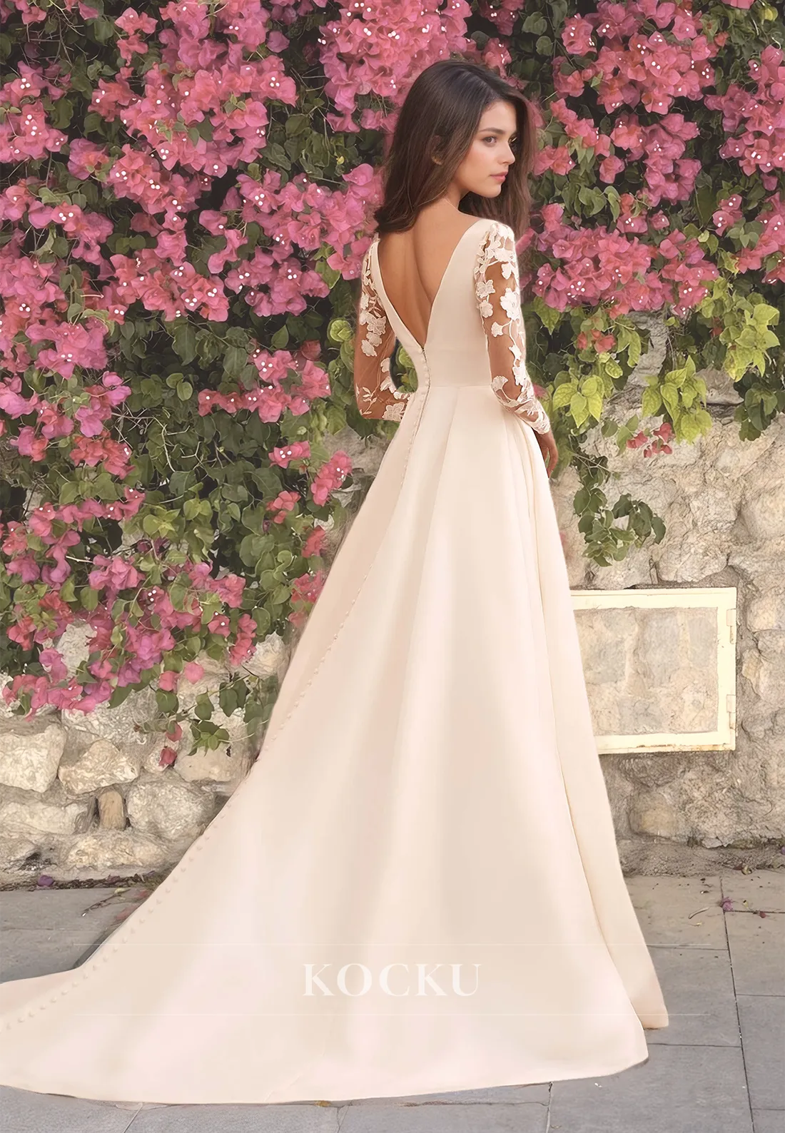 V-Neck A-Line Long Appliques Sleeves Pleated Satin Wedding Dress with Train Bridal Dress