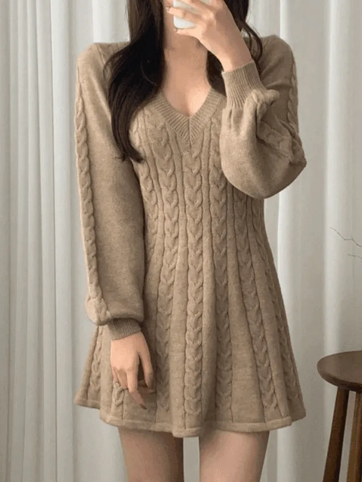 V Neck Cable Knit Long Sleeve Mini Dress