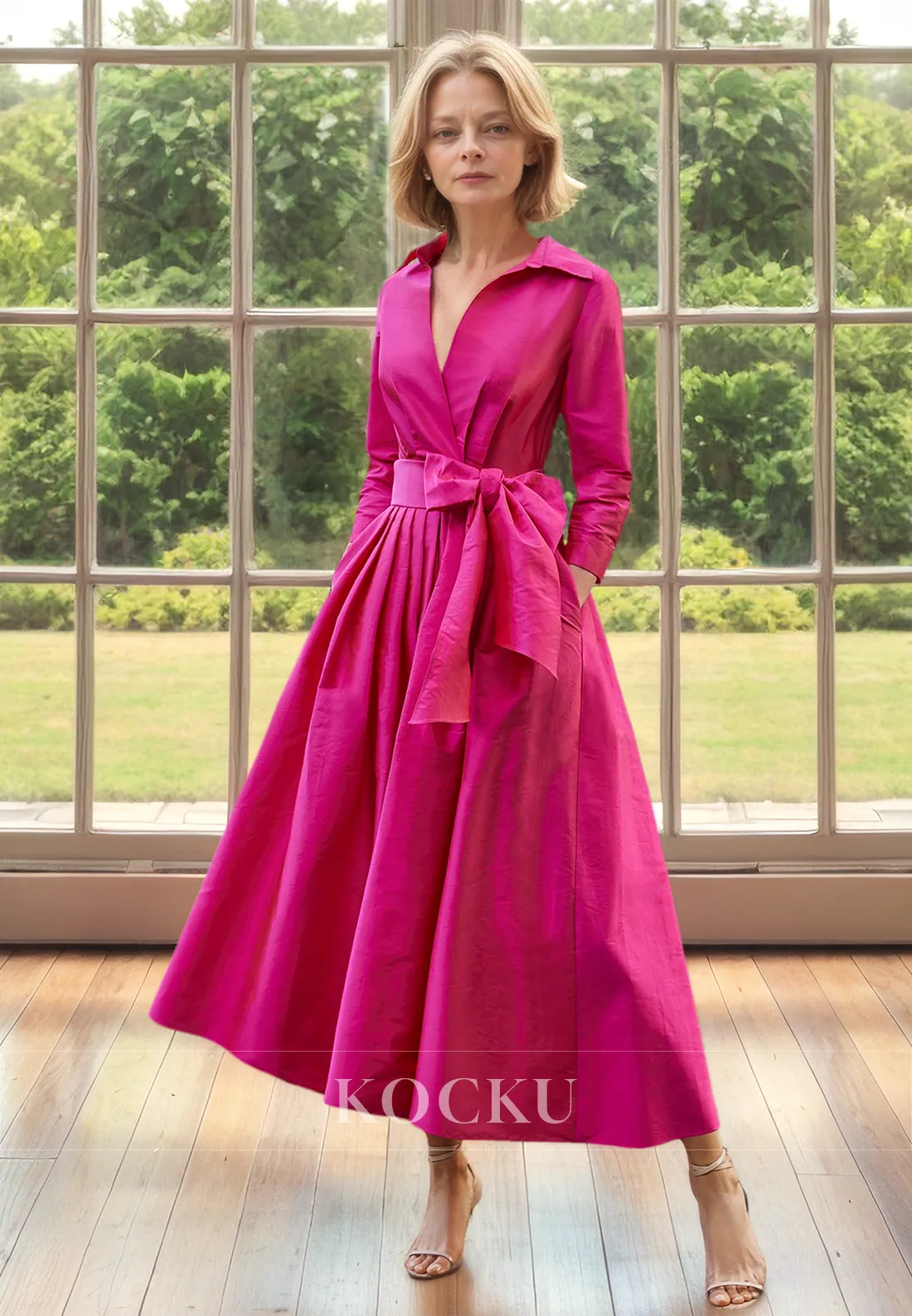 V-Neck Collar Long Sleeves A-Line Pleated Mother of the Bride Dress Cocktail Dress with Bows