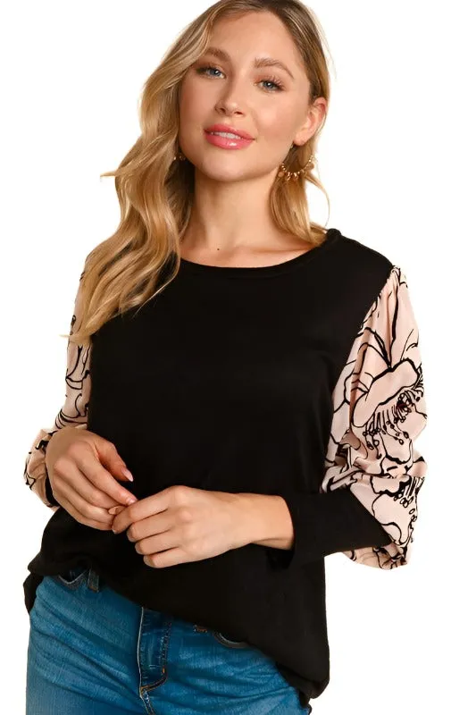 Velvet Burnout Mesh Puff Sleeve Top - Black/Taupe