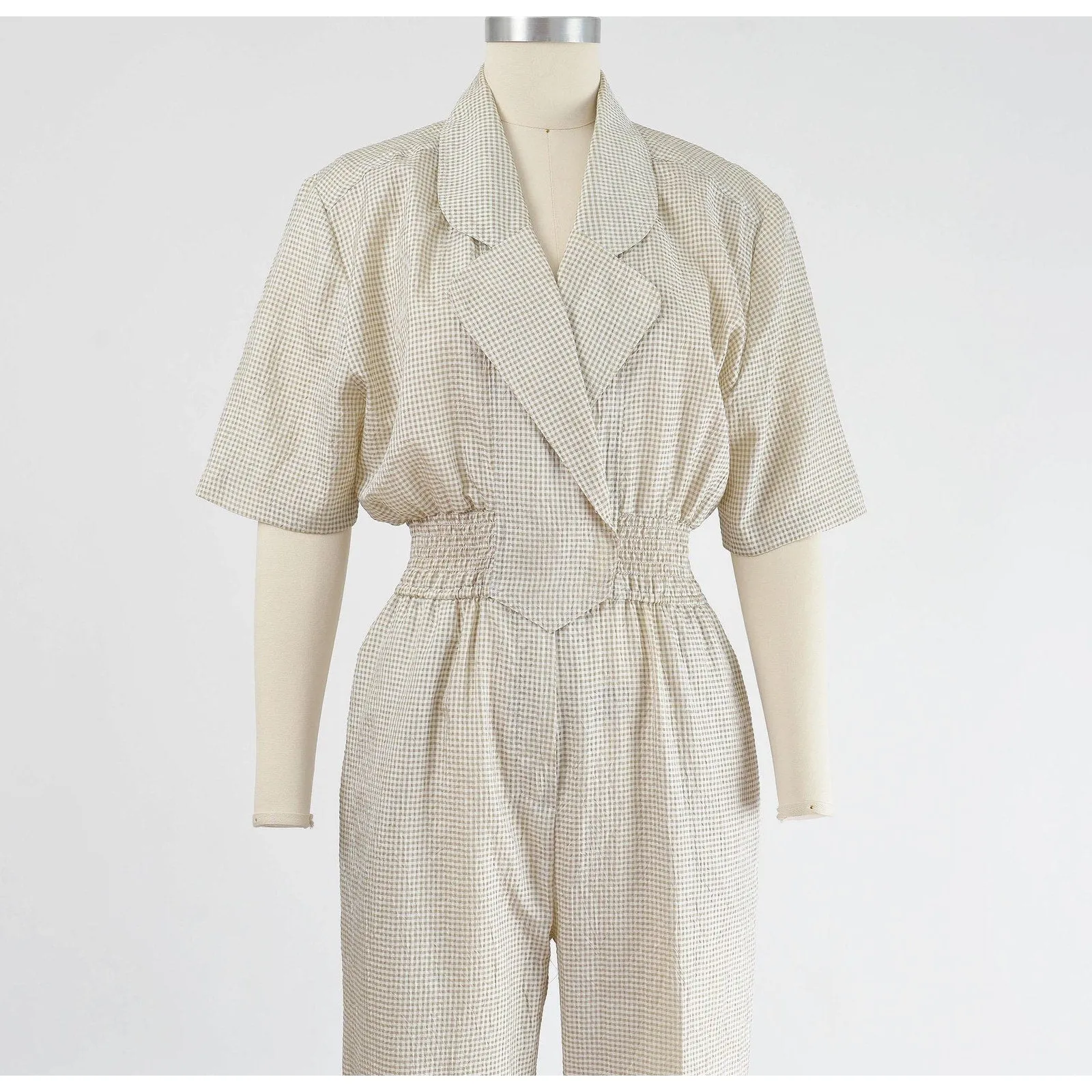 Vintage 80s 90s Gingham White and Beige Checkered Windbreaker Tapered Leg Pantsuit S M