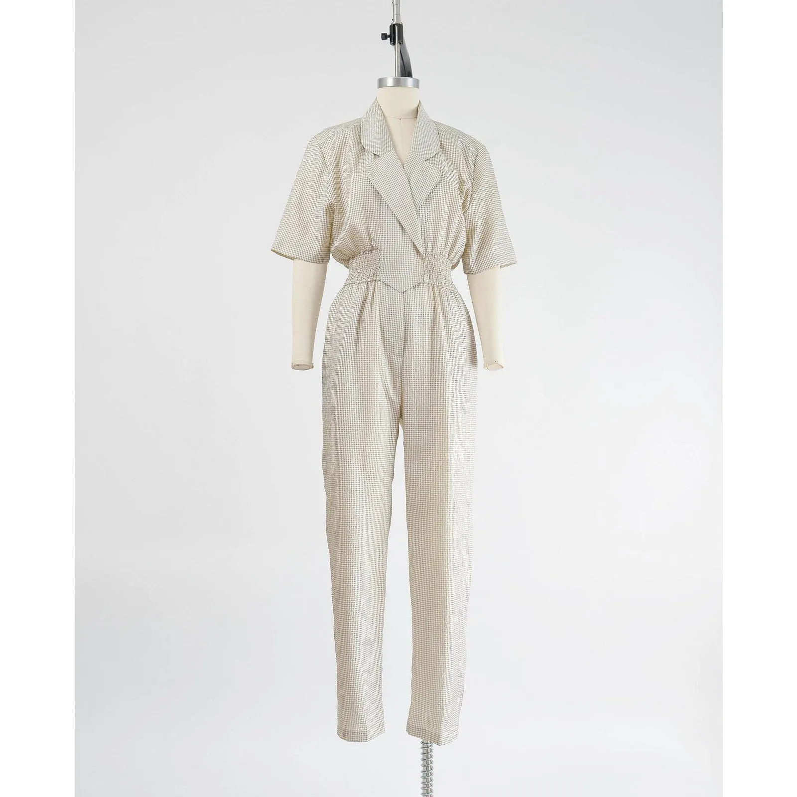 Vintage 80s 90s Gingham White and Beige Checkered Windbreaker Tapered Leg Pantsuit S M