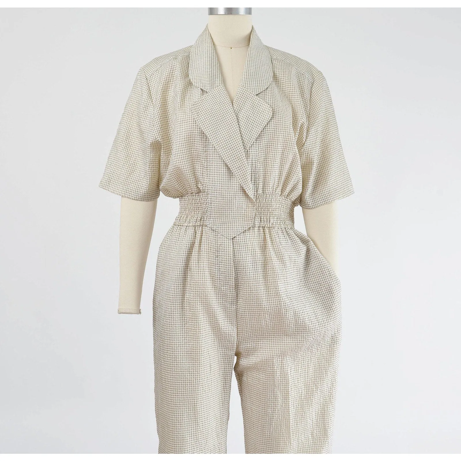 Vintage 80s 90s Gingham White and Beige Checkered Windbreaker Tapered Leg Pantsuit S M