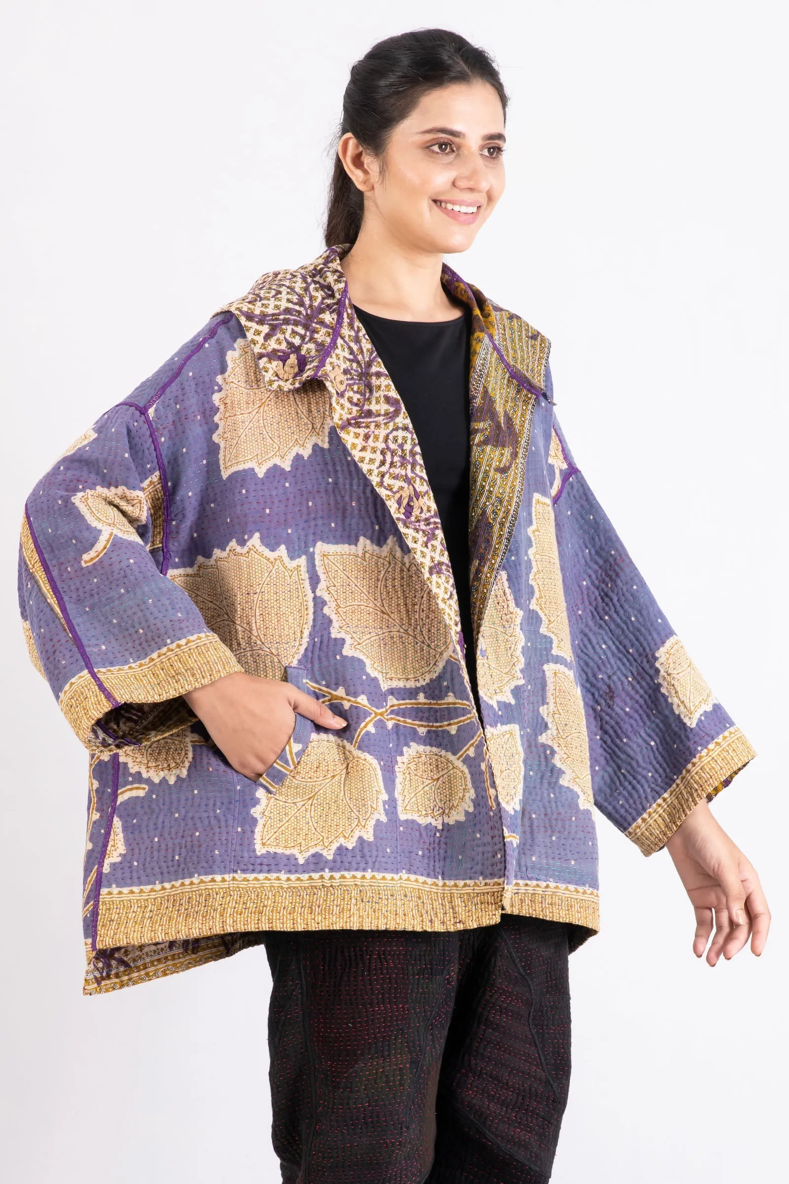 VINTAGE COTTON KANTHA HOODIE PONCHO - cv4064-0006a -