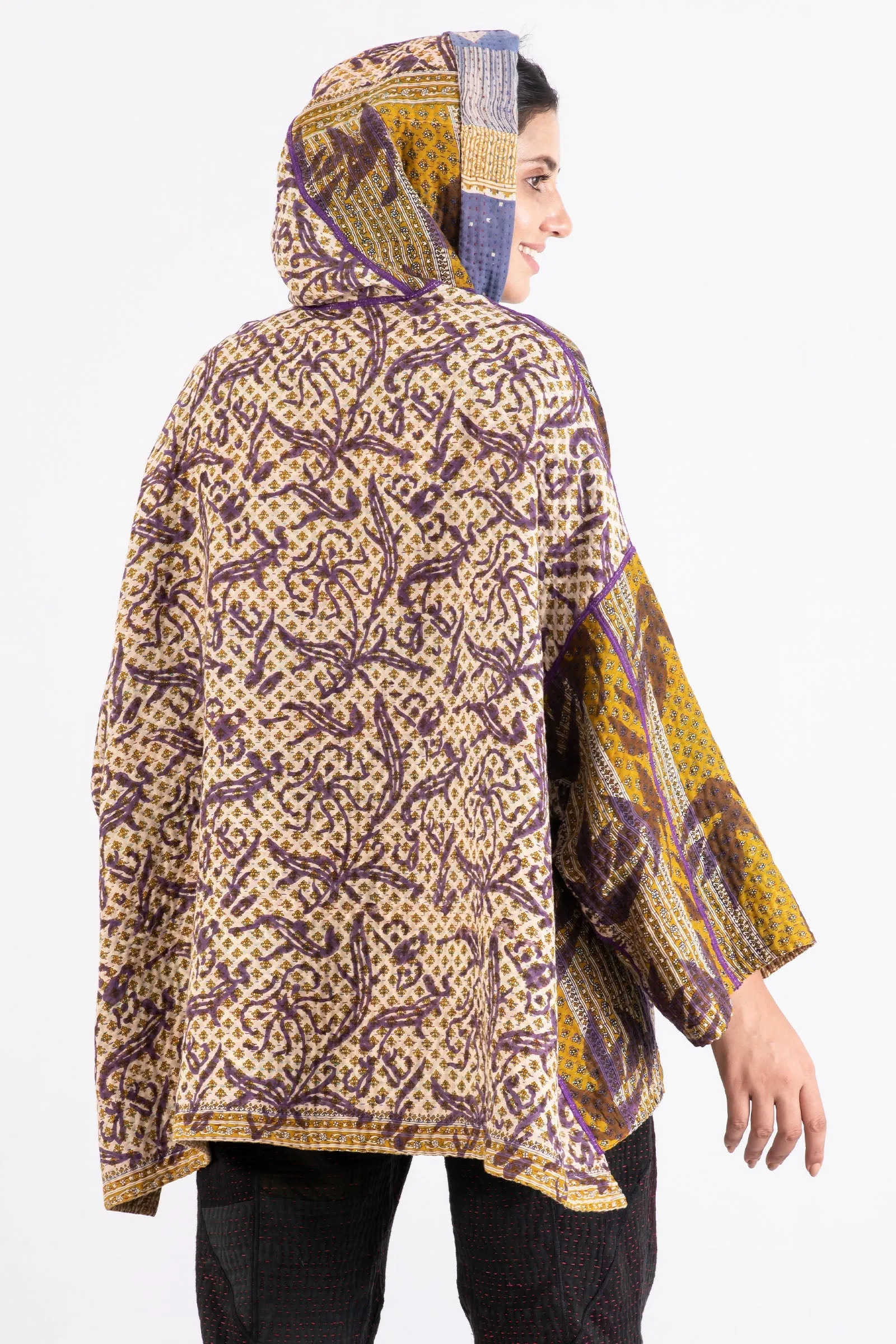 VINTAGE COTTON KANTHA HOODIE PONCHO - cv4064-0006a -