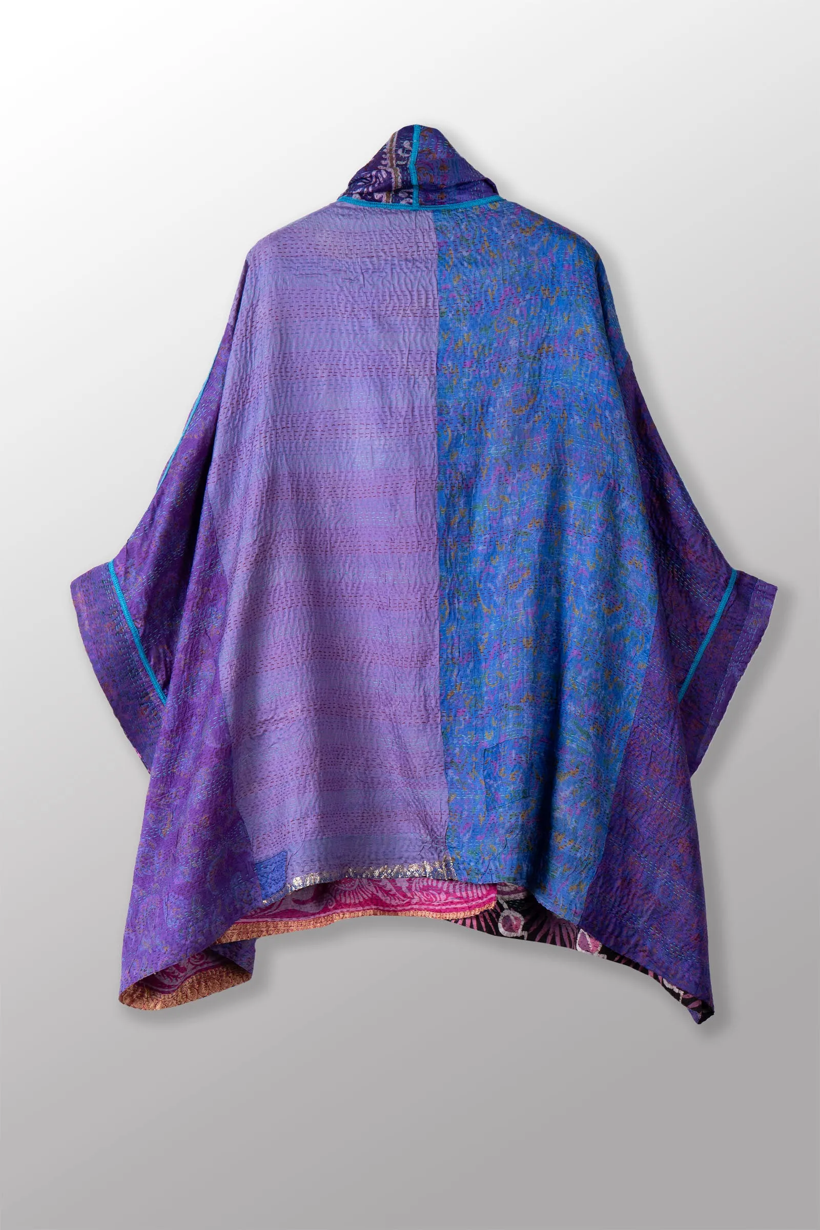 VINTAGE SILK KANTHA DOUBLE COLLAR PONCHO - sv2323-0014a -