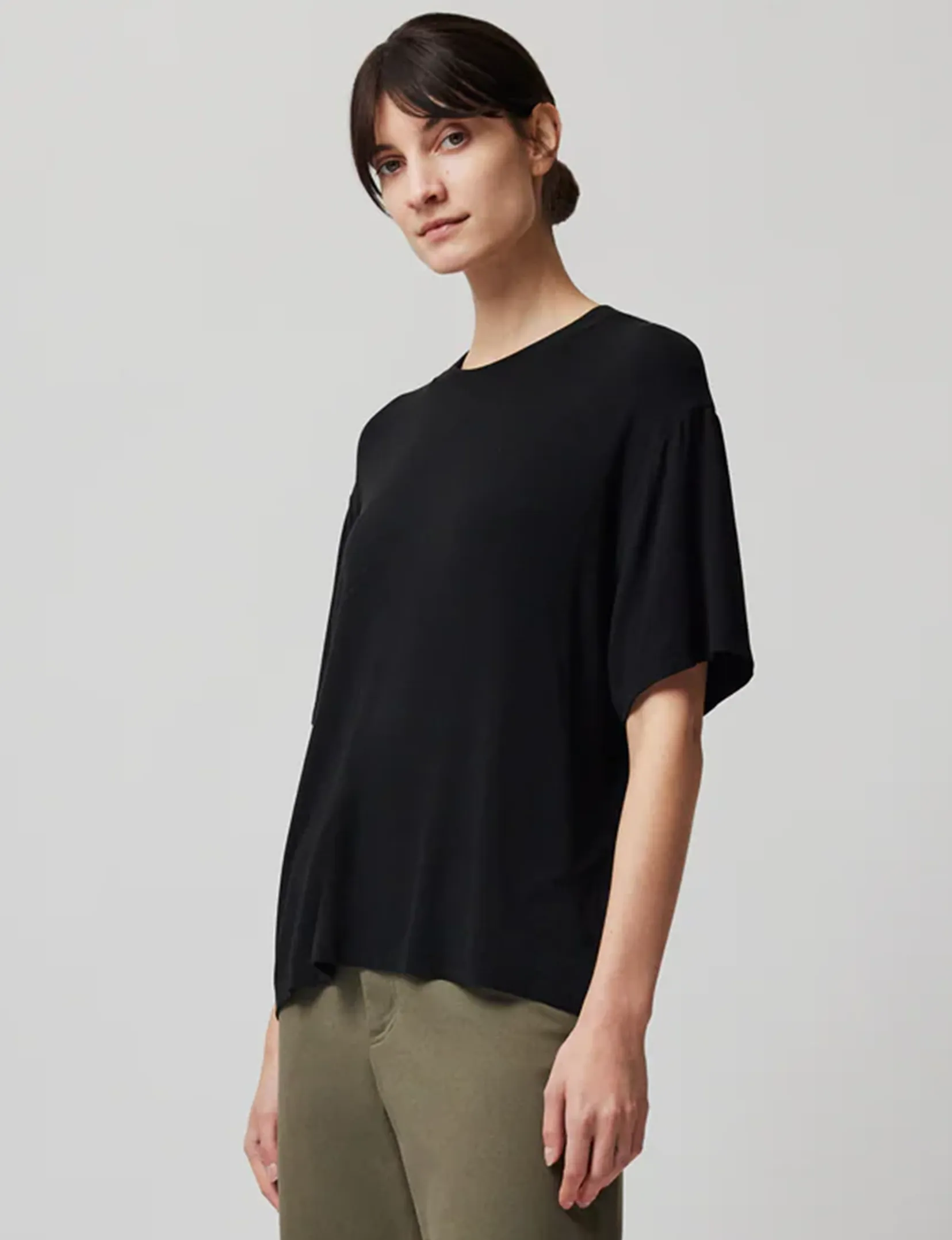 Viscose Blend Jersey Crew Neck Relaxed Tee, Black