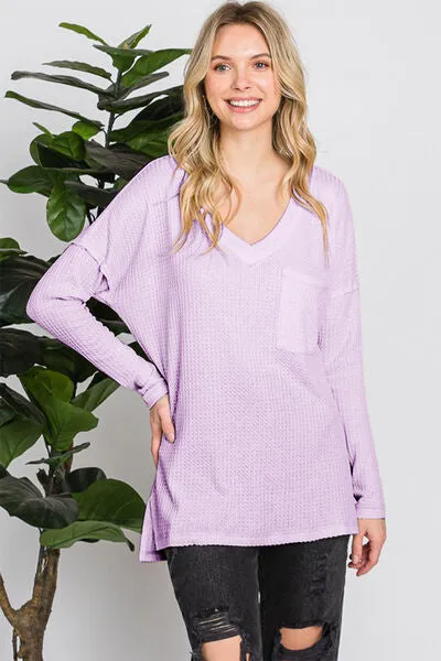 Waffle Knit V-Neck Long Sleeve T-Shirt