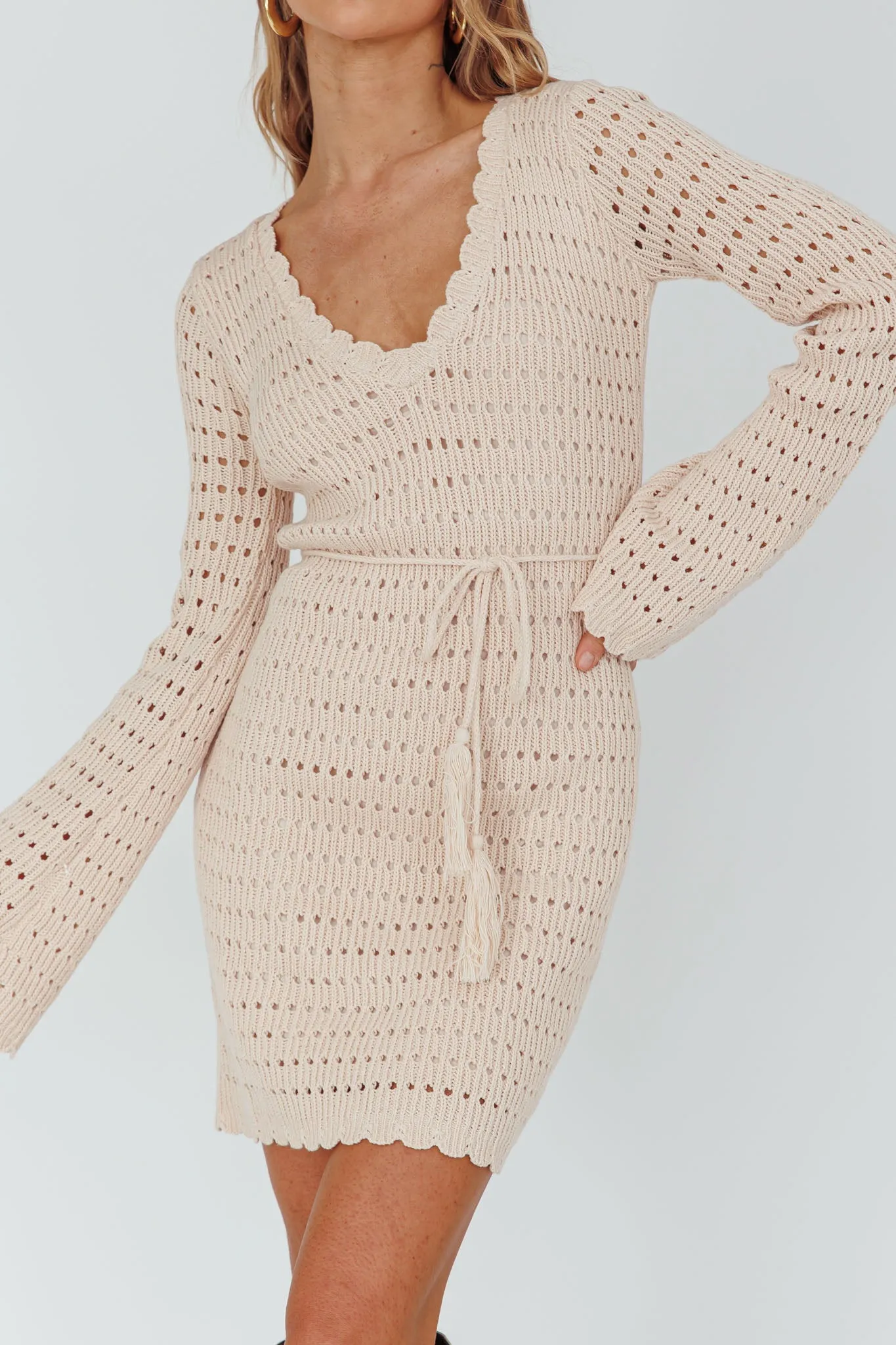 Wander Lust Long Sleeve Crochet Mini Dress Sand